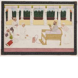 Raja Balwant Singh von Jasrota betrachtet mit dem Maler Nainsukh ein Bild
